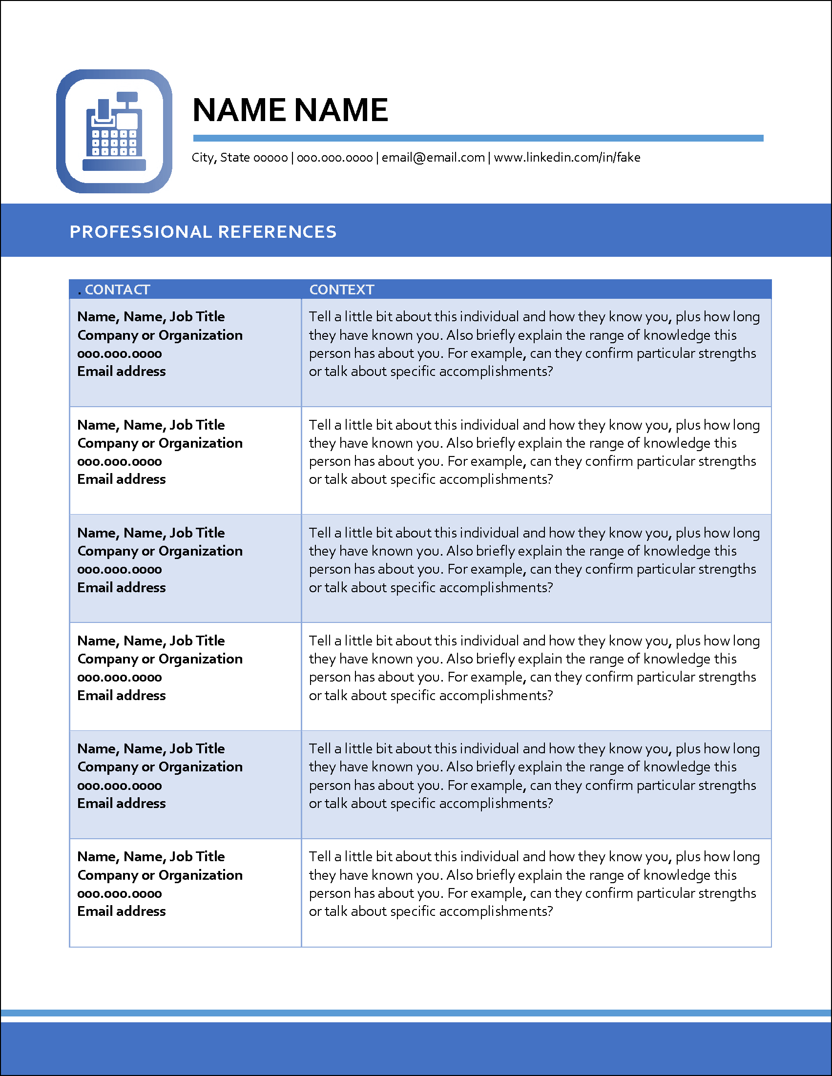 Cashier Professional References Template