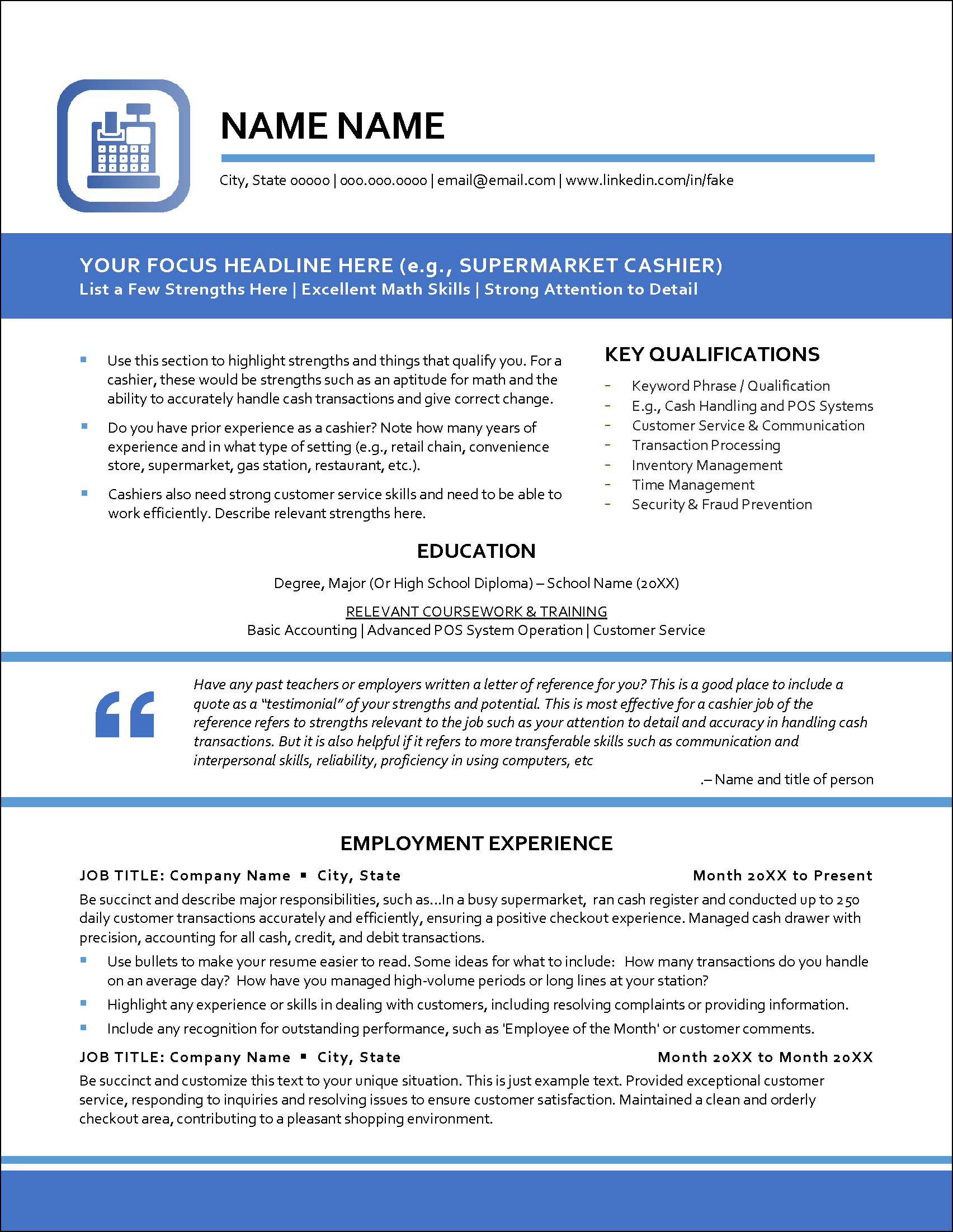 Cashier Resume Template