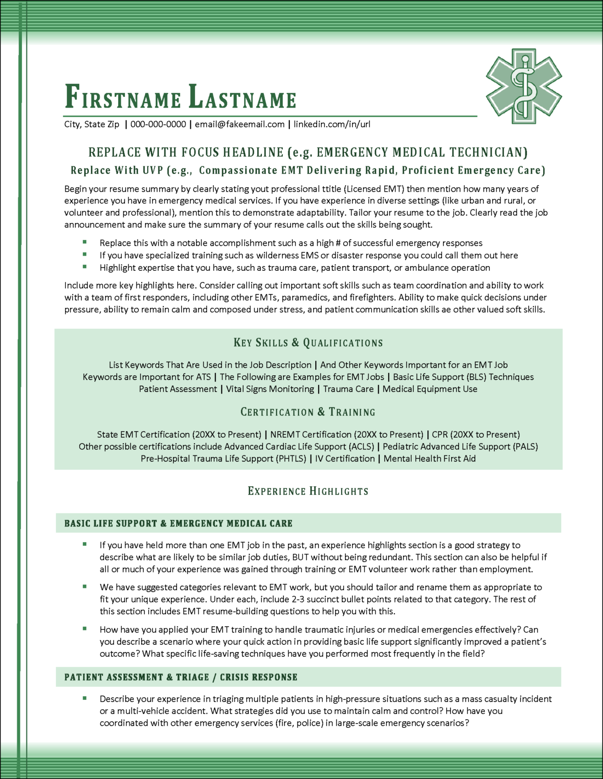 Career Templates Set for EMT Professionals - Swift EMT Resume Page 1 1188x1536 