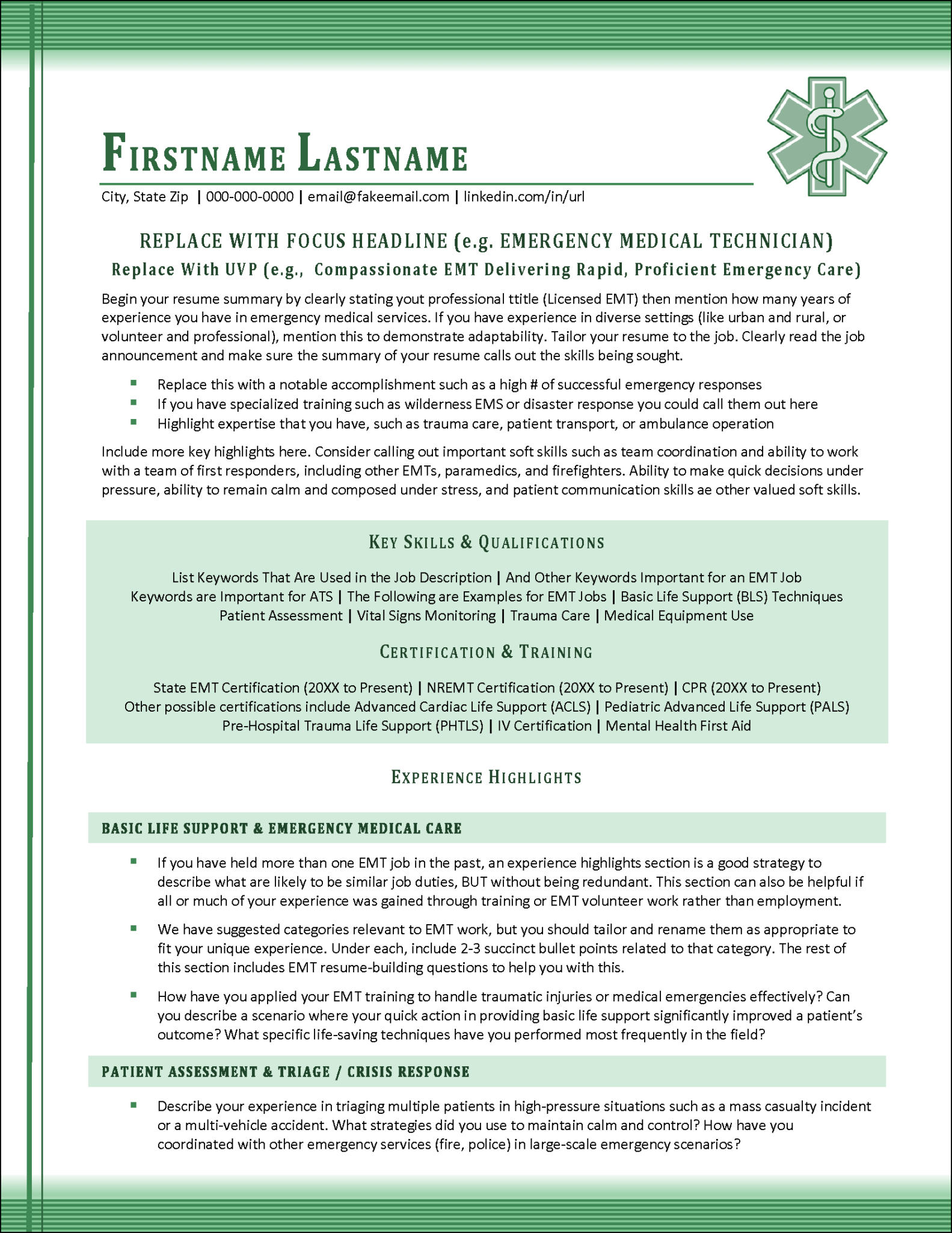 Career Templates Set for EMT Professionals Distinctive Templates