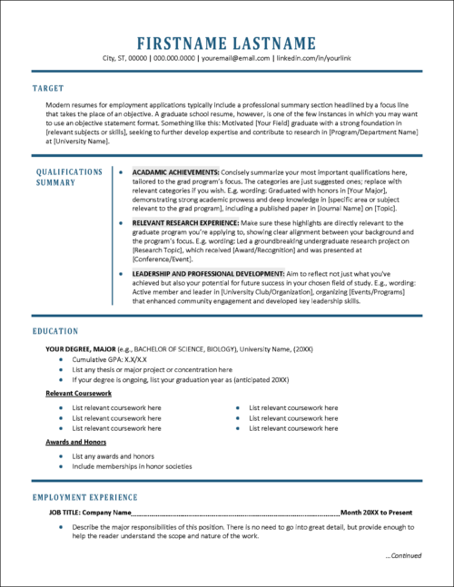 Graduate School Resume Page 1