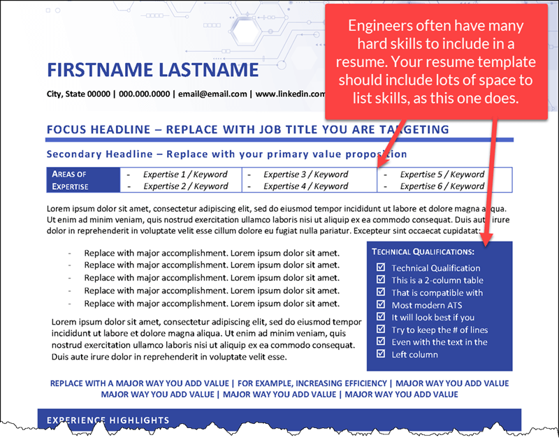 Technical Skills on Resume Template for Engineers