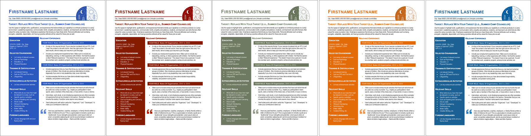Camp Counselor Resume Color Schemes