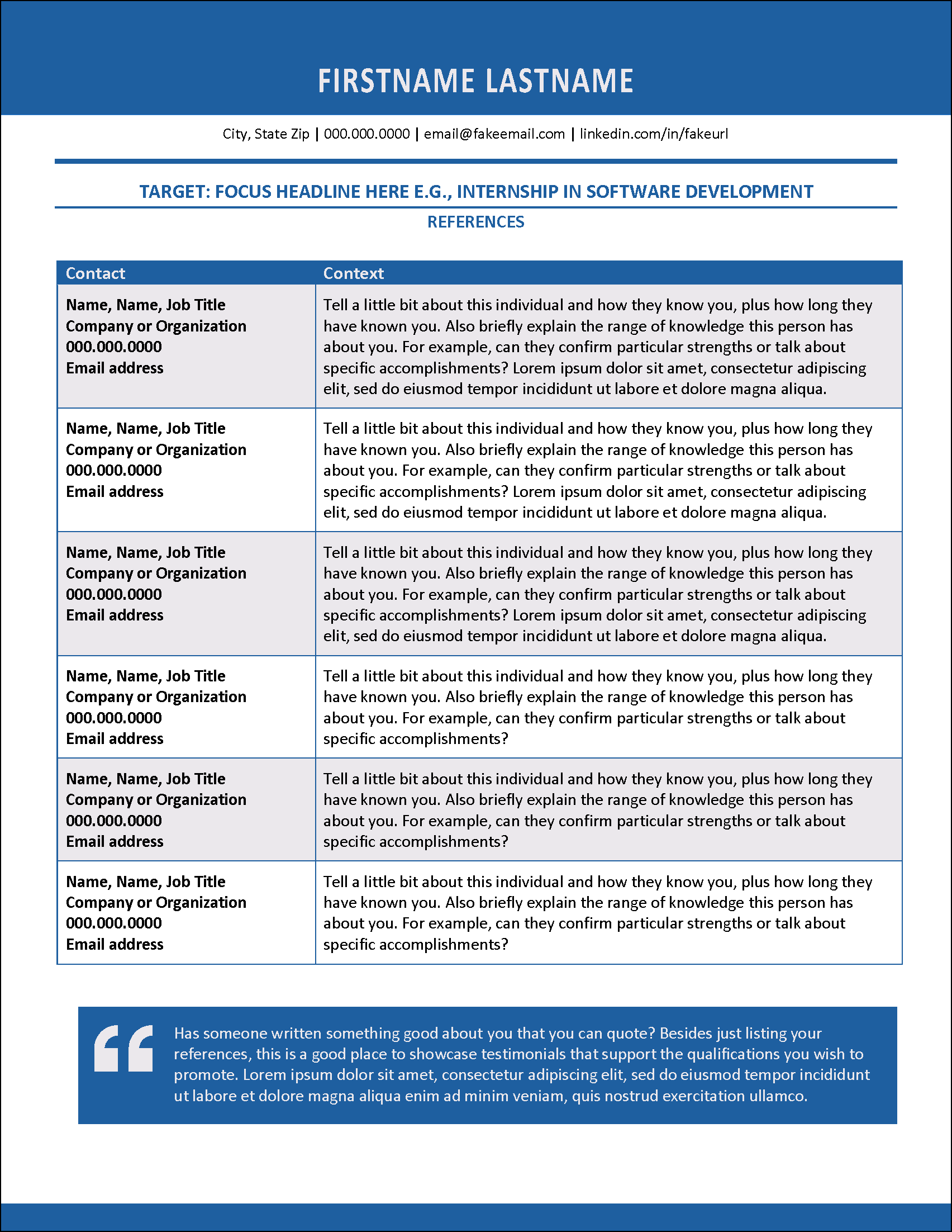 Internship References Template