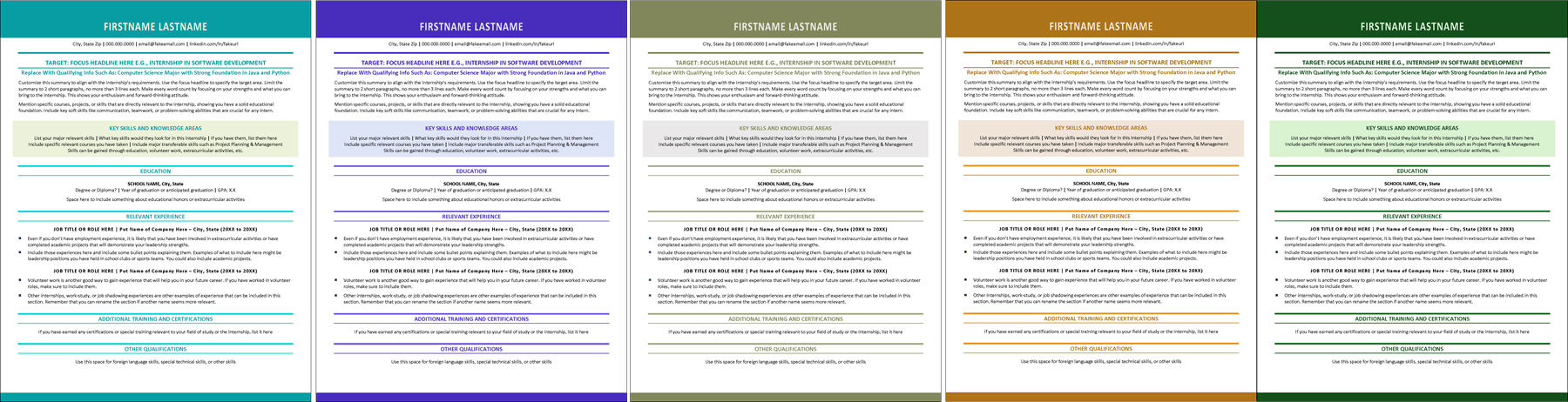 Internship Resume Color Schemes