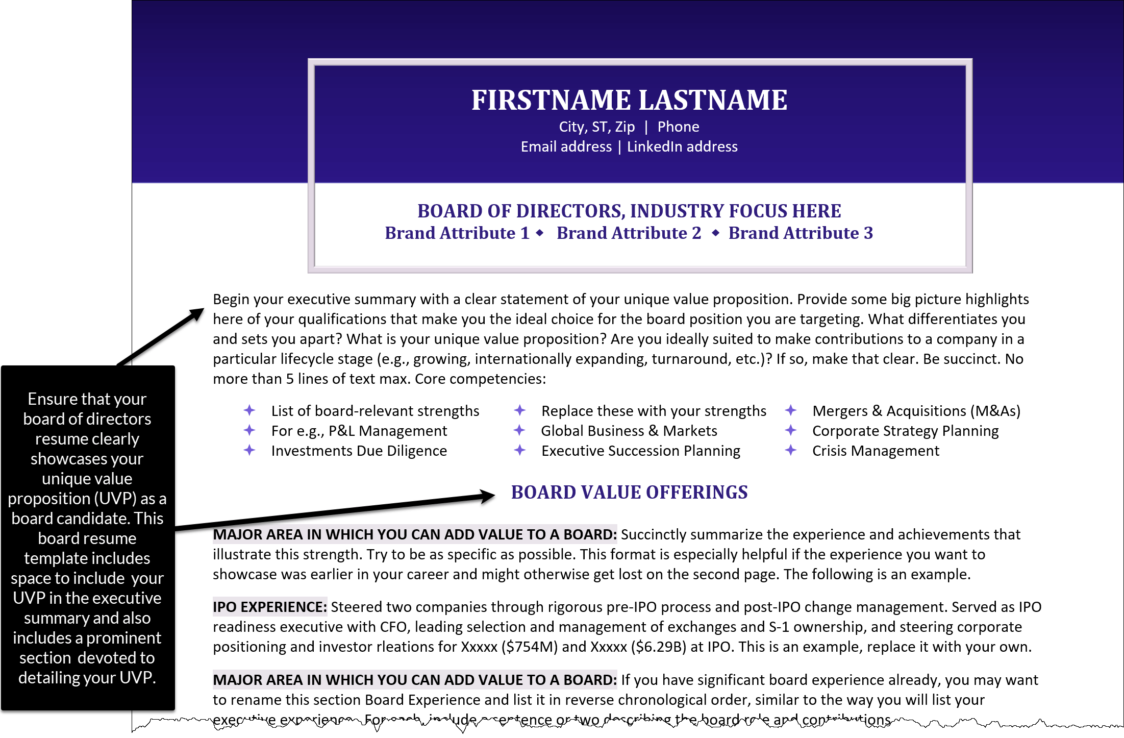 Example UVP in a board resume template