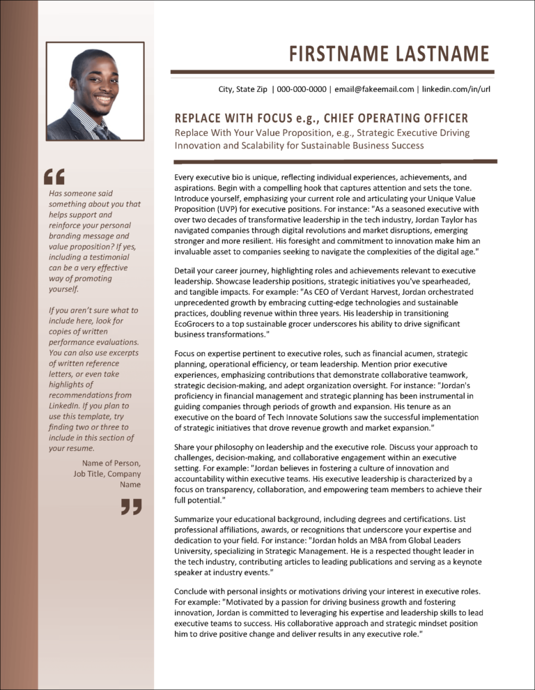 Standout Executive Profile, Biography, References & Cover Letter Templates
