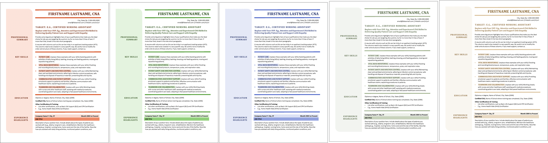 CNA Resume Color Schemes