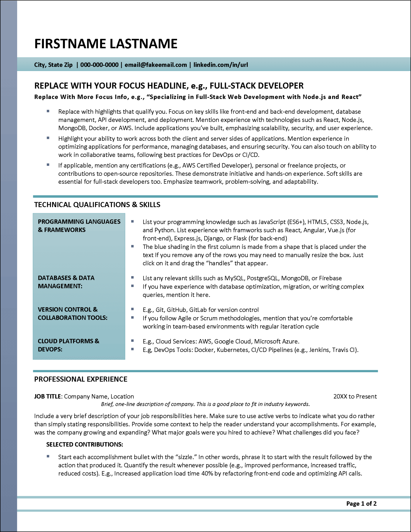 Full-Stack Developer Resume Template | Modern & ATS-Friendly