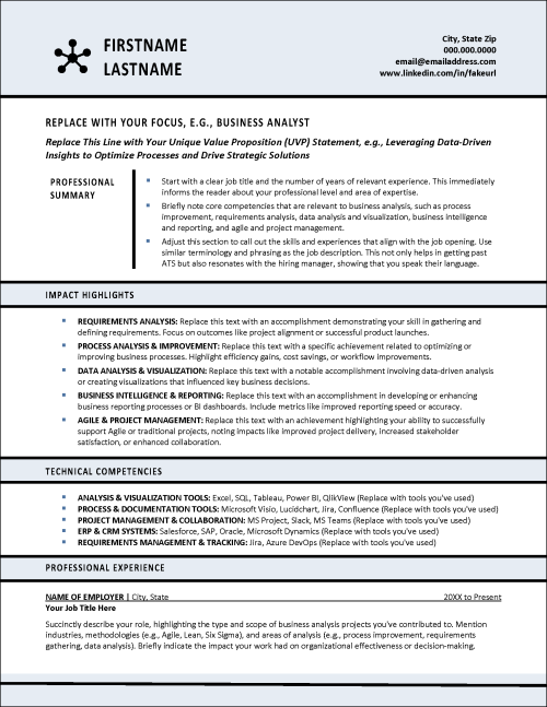 Level Up Business Analyst Resume Page 1