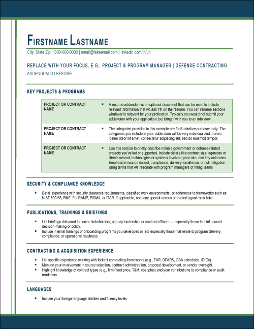 Defense Edge Resume Addendum
