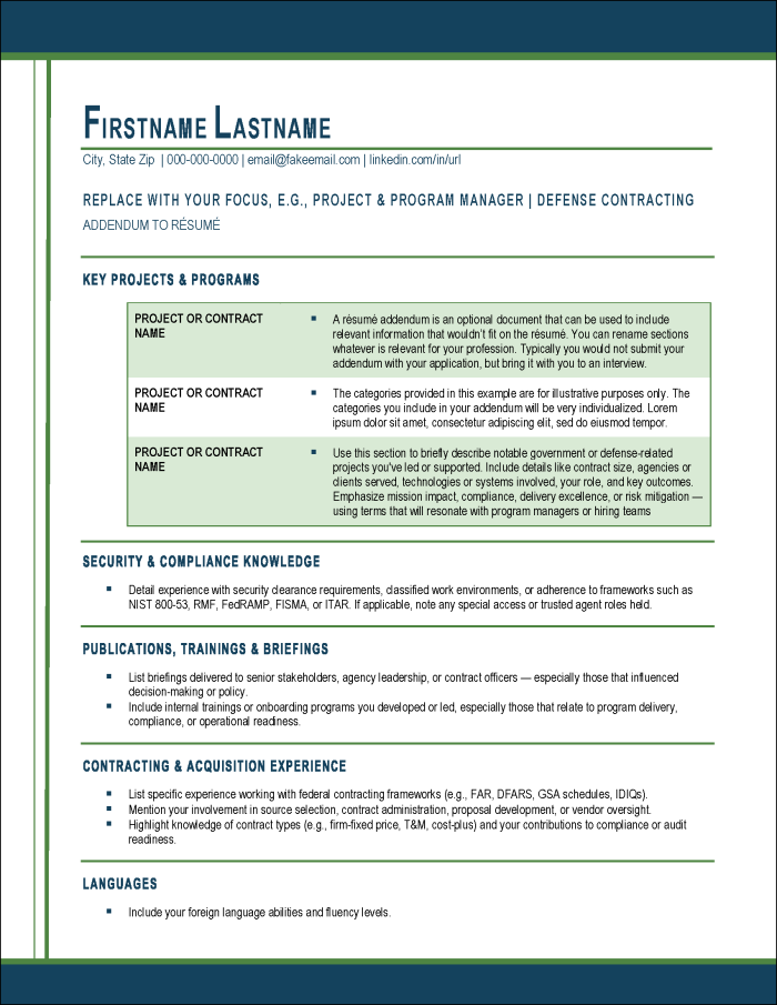 Defense Edge Resume Addendum